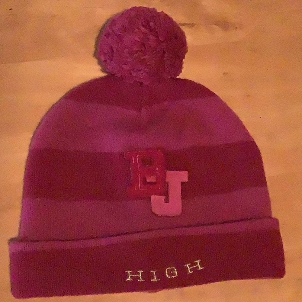 EUC Betsey Johnson Lambs wool Pink striped Pom Hat